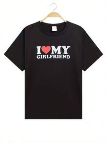 Camiseta cómoda para hombres con estampado de patrón AMO A MI NOVIA, camiseta gráfica, ropa de verano para hombres, ropa masculina - Negro - Ver 1