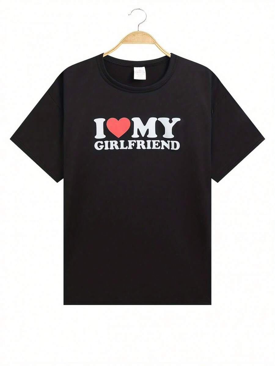 Camiseta cómoda para hombres con estampado de patrón AMO A MI NOVIA, camiseta gráfica, ropa de verano para hombres, ropa masculina - Negro - Ver 1