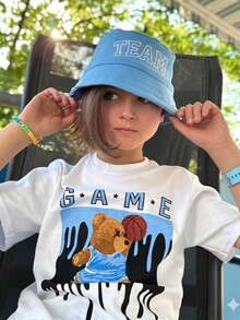 1件女童休闲印花圆领短袖T恤，夏季学生童装 - 泰迪熊篮球印花T恤，为每个孩子带来欢乐和幸福！ - 白色 - 查看 1