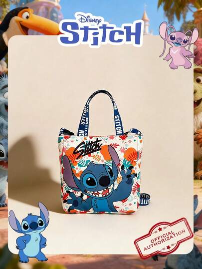 Disney 迪士尼官方授权史迪奇图案方形手提包，可爱卡通女士手提包，淘气史迪奇手提包，轻便单肩包，可调节肩带斜挎包，适合女性/女孩/学生，日常/外出/可装手机/钱包和小件必需品