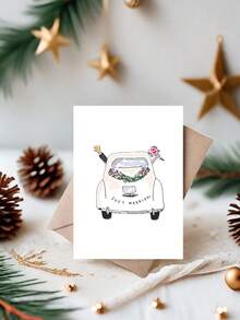 1pc Just Married Funny Wedding Congratulations Card With Classic Car Illustration - Universal Greeting Card For Bride And Groom, Cartoon Animals Theme, Paper Material - one-size - View 9