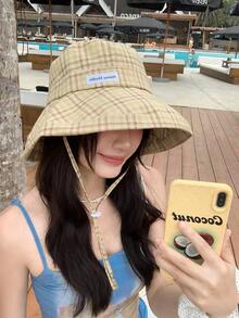 1顶时尚年轻彩色条纹格子遮阳帽，防紫外线，宽帽檐带抽绳，可折叠，适合远足、钓鱼等户外活动，日常佩戴，Y2K韩日风格 - 格子 - 查看 11