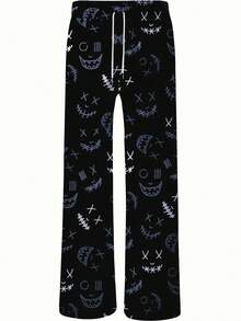 Men's Black Sketch Funny Face Print Casual Pants With Drawstring Waist And Pockets, Suitable For Loungewear Or Sleepwear