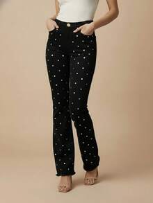 pthirillo Women's Black Flare Jeans With High-Waisted Butt-Lifting Effect And Rhinestone Detail. - 鏡子標誌 - 查看 7