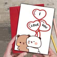 1PC An Interesting Birthday Card, I Love You My Dudu Bear From Bubu Cards, A Creative Greeting Card For Family, Friends, And Colleagues, A Birthday Card With An Envelope, A Unique Birthday Postcard. - Đỏ - Xem 3