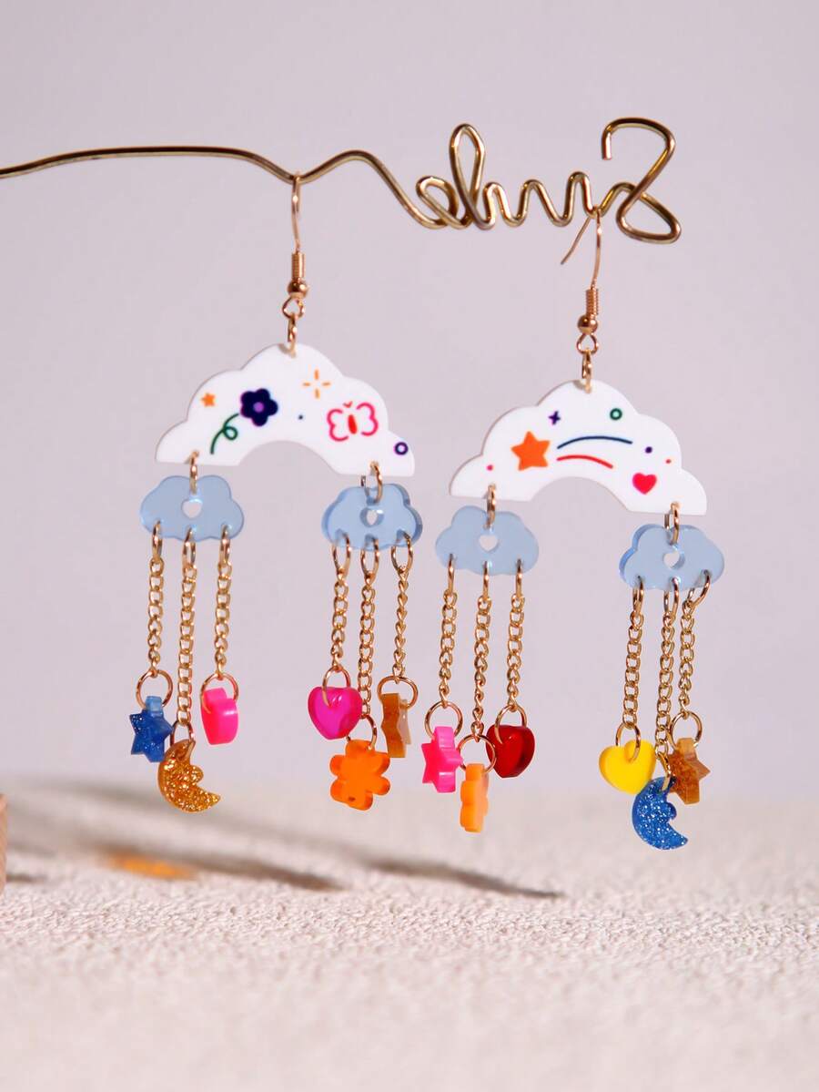 Pink Snail Bông tai nhựa bóng thủ công thiết kế độc đáo với dây xích kim loại tua rua, bông tai cá tính dễ thương, hình trái tim và đám mây, quà tặng ngày Valentine, bông tai dáng dài cho nữ, bé gái, mùa hè, mùa đông, kỳ nghỉ, lễ hội, tiệc bãi biển, quà tặng cho người yêu, quà tặng cặp đôi - Đám mây tình yêu - Xem 1