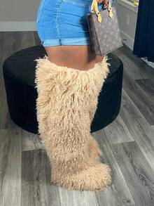 Women's Winter Knee High Boots Pull-On Faux Fur Round Toe Strap Boots For Women Comfy Plush Warm Outdoor Indoor Flat Shoes Punk Party Dressy Furry Fluffy Winter Autumn Fall Boots - 長款黃色 - 查看 8