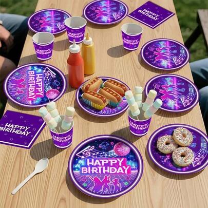 24pcs K-Pop Demon Hunting Anime Party Disposable Tableware Set, Includes 9-Inch Plates, 7-Inch Plates, Suitable For Birthday Theme Party Decor, Disco Party Supplies, Paper Plates, Paper Cups, Napkins For Disco Ball, Dance, Skateboard, Hip Hop Rock Birthday One-Time Tableware