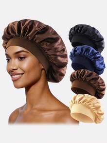 3入組女士緞面寬邊睡眠帽，髮帶絲質帽子緞面帽