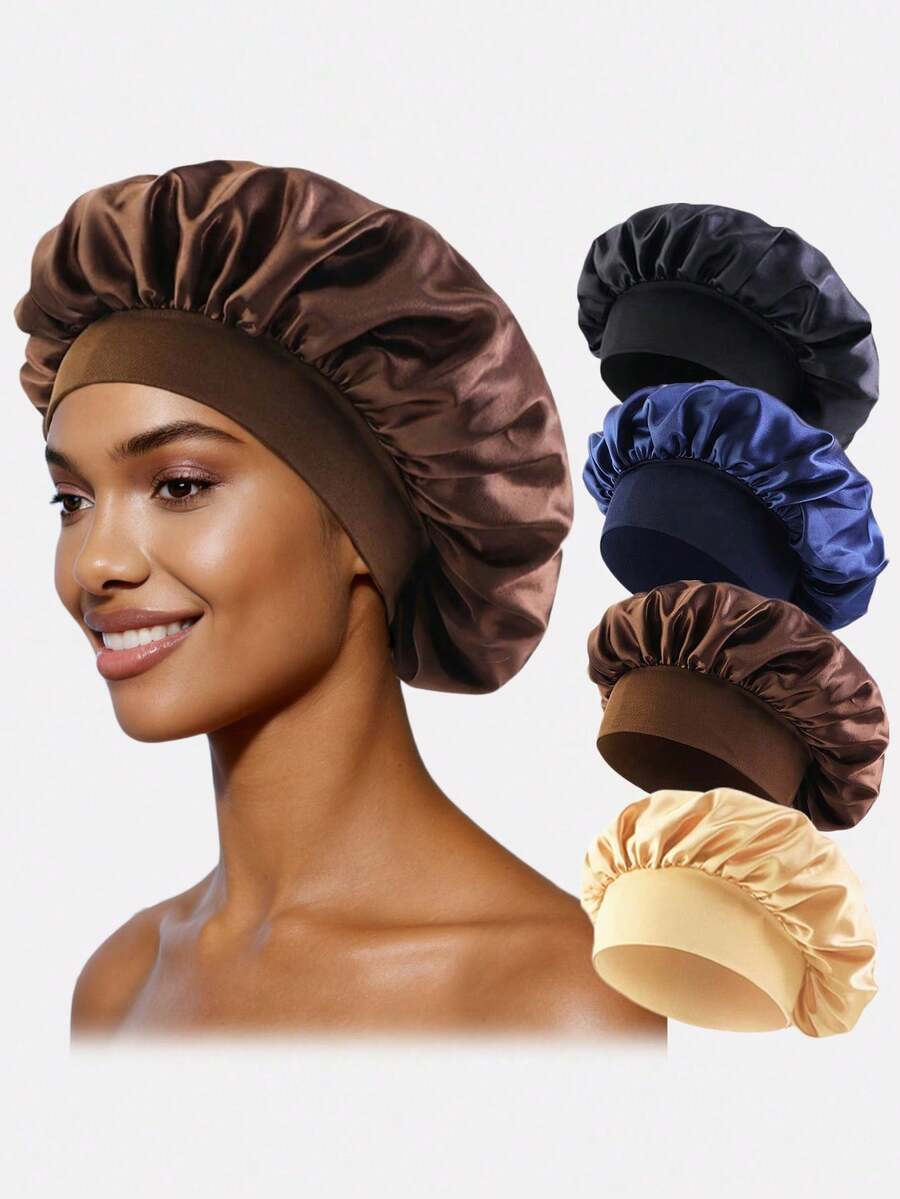 4pcs Women's Multicolor Satin Wide Brim Sleep Caps Hair Caps, Suitable For Daily Use, Made Of Solid Color Breathable Polyester Fabric