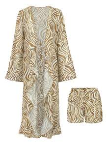 Bohemien Zebra Muster transparentes langes Kleid mit weiten Ärmeln, luftiges Strandkleid Shorts 2 Stücke Set mit Bindegürtel Kimono Badeanzug Cover-Up, Damen leichte Chiffon Robe für den Urlaub - Khaki - Übersicht 6