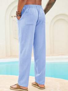 Men's Casual Loose Fit Linen Trousers, Elastic Waist Drawstring Lightweight Pants For Summer Beach & Yoga Wear - 天藍色 - 查看 3