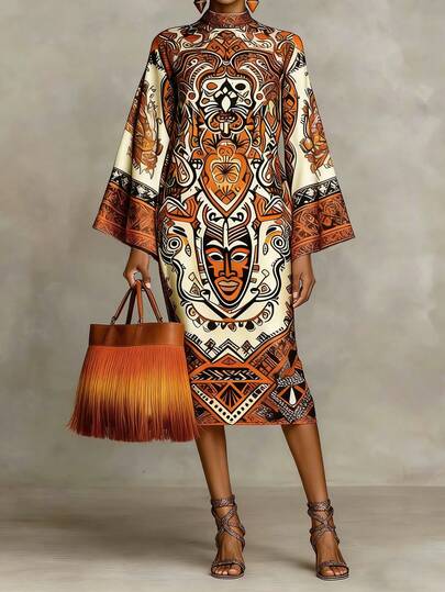 2026 Women's Casual Geometric Print Turtleneck Long Sleeve Dress, Perfect For Summer Dates, Graduation Parties, And Elegant Afternoon Tea, Especially Suitable For Spring/Summer Wear, Soft Tones Brighten Complexion. Easily Manage Daily Outings And Small Evening Gatherings, Sweet With A Touch Of Personalized, Showcasing Elegant Charm.