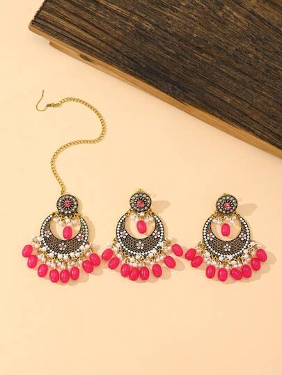 3pcs/Set Glamorous Bollywood Luxury Style Maang Tikka Jewelry Set,Including Earrings&Hair Chain,Rhinestone Decorated Bridal Jewelry Accessories Suitable For Women's Wedding Wear,Ramadan,Daily Or Festival Gift