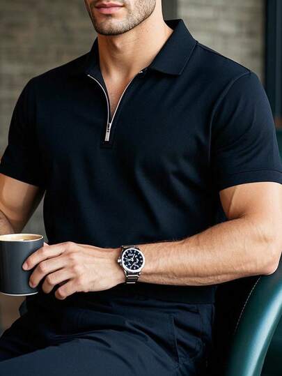  GRDR Men's Summer Half Zip Polo Shirt, Solid Color Classic Short Sleeve Suitable For Outdoor Casual Wear
