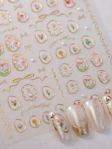 1片青铜色果冻郁金香美甲贴纸，可爱日式花卉珍珠美甲贴纸，5D立体花朵美甲贴花 - 彩色 - 查看 4