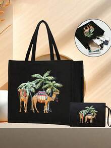 Linen Tote Bag, Including Two Camels And Coconut Tree Pattern Printing Tote Bag And A Printed Small Bag, Letters, Flowers, Personalized Gift Package, Eid Combination Of Small And Large Bags, Family Reunion Devout,Suitable For Weddings, Birthdays, Beaches, Holidays - Multicolor - View 6
