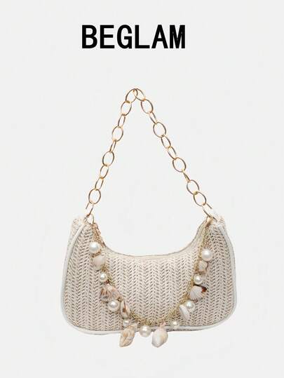 Woven Minimalist Style Shell & Starfish Decor Zipper Closure Shoulder Bag/Hobo Bag, Suitable For Daily & Holiday Use, Creates Summer Beach Vibe (Natural Shell Accessories May Have Slight Damage During Shipping)