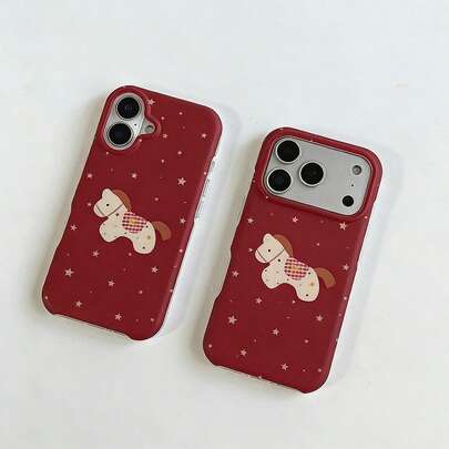 韩式中国新年红色格子卡通可爱星星图案小马简约手机壳，兼容 17 Pro Max、16 Pro Max、15 Pro、14、13，少女时尚手机保护套