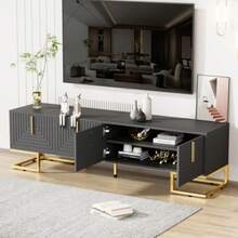 TV Unit, Low Side Panel With Grained Doors, TV Unit, Gold Handles And Gold Legs. - Grey - View 10