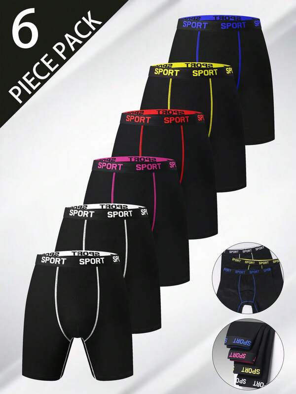 6-Piece Pack Men's Underwear: "SPORT" Logo Color-Block Waistband High Elasticity Comfortable Daily Boxer Briefs