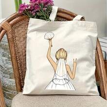 1pc Bride Tote Bag Wedding Tote Bag, Perfect Gift For Bride-To-Be, Wedding Gift With Bride Print Design. These Durable Tote Bags Are Perfect For Outdoor Gifts, Parties, Travel, And Shopping. - 米色 - 查看 1