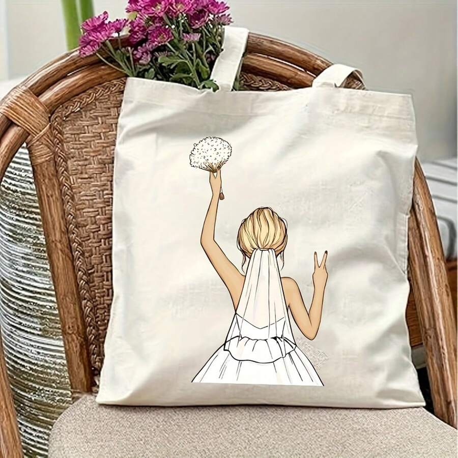 1pc Bride Tote Bag Wedding Tote Bag, Perfect Gift For Bride-To-Be, Wedding Gift With Bride Print Design. These Durable Tote Bags Are Perfect For Outdoor Gifts, Parties, Travel, And Shopping. - 米色 - 查看 1