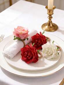 1-12pcs Handmade Lifelike Rose Napkin Rings, Suitable For Valentine's Day, Wedding, Banquet, Party, Thanksgiving, Christmas, Daily Use - Multicolor - View 2