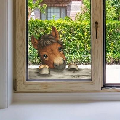 1pc Cute Cartoon Tilted-Head Pony Pattern Window Sticker, Reusable PVC Double-Sided Visible Electrostatic Glass Sticker, Suitable For Living Room, Bedroom, And Home Decoration.