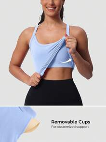 MathCat Racerback Tank Tops For Women - Scoop Neck Spaghetti Strap Padded Workout With Built In Bra - Light Blue - View 2