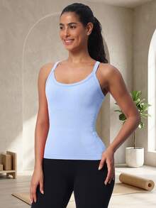 MathCat Racerback Tank Tops For Women - Scoop Neck Spaghetti Strap Padded Workout With Built In Bra - Light Blue - View 4