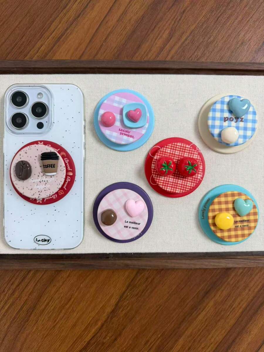 Cute Tomato Heart Magnetic Phone Holder DIY Coffee Pattern Dual-Layer Phone Grip Stand Air Cushion Pull-Push Phone Holder - Multicolor - View 1
