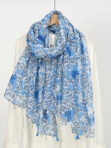 1pc New Heart Print Tassel Decor Shawl Scarf, Sweet Style Lightweight Wrap For Travel & Sun Protection - Multicolor - View 7