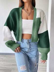 Women's Solid Color Casual Cardigan, Open Front Patch Pocket Cardigan,Long Sleeve Tops Fall Winter Cloth For Women,Vibrant Block Color Cropped Cardigan | Relaxed Fit | Comfy Knit | Perfect For Layering,Chunky Knit Color Block Cardigan | Short Length | Loose Silhouette | Match Cami Tops/Jeans,Date Outfit - màu xanh lá - Xem 4