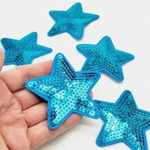 6pcs Sky Blue Shiny Star Pattern Fabric Patches, Cartoon Style Embroidered Sew-On Appliques, DIY Craft, Suitable For Clothes, Shoes, Hats, Bags, Etc. - Sky Blue - View 4