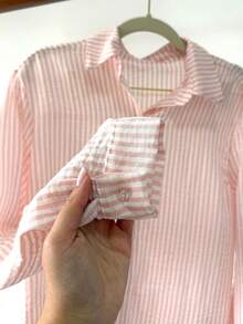 Linen Button-Down Shirt, Beach Cover-Up, Long Sleeves, Striped, Polyester, Button-Down, Vacation, Diary, Travel, Summer. - Rosa - Ver 3