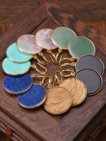 Vintage Turquoise, Green Agate & Rose Quartz Round Natural Stone Earrings, Luxurious Gold-Tone Dangle Earrings