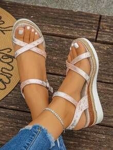 1 Pair Teenage Summer High Heel Sandals, Fashionable Satin Minimalist Strap Comfortable Buckle Casual Suitable For Daily Outing And Vacation, Summer Open Toe Platform Wedge Sandals - Baby Pink - View 3