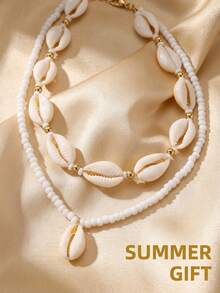 2 piezas Collar bohemio elegante de doble capa con cuentas blancas y conchas para mujeres, adecuado para verano, playa, uso diario, festivales de música, regalo - Blanco - Ver 4