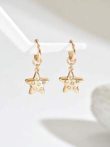 1 Pair Fashionable Rhinestone Star Hoop Earrings For Women, Suitable For Vacation And Daily Wear - Gold - View 2