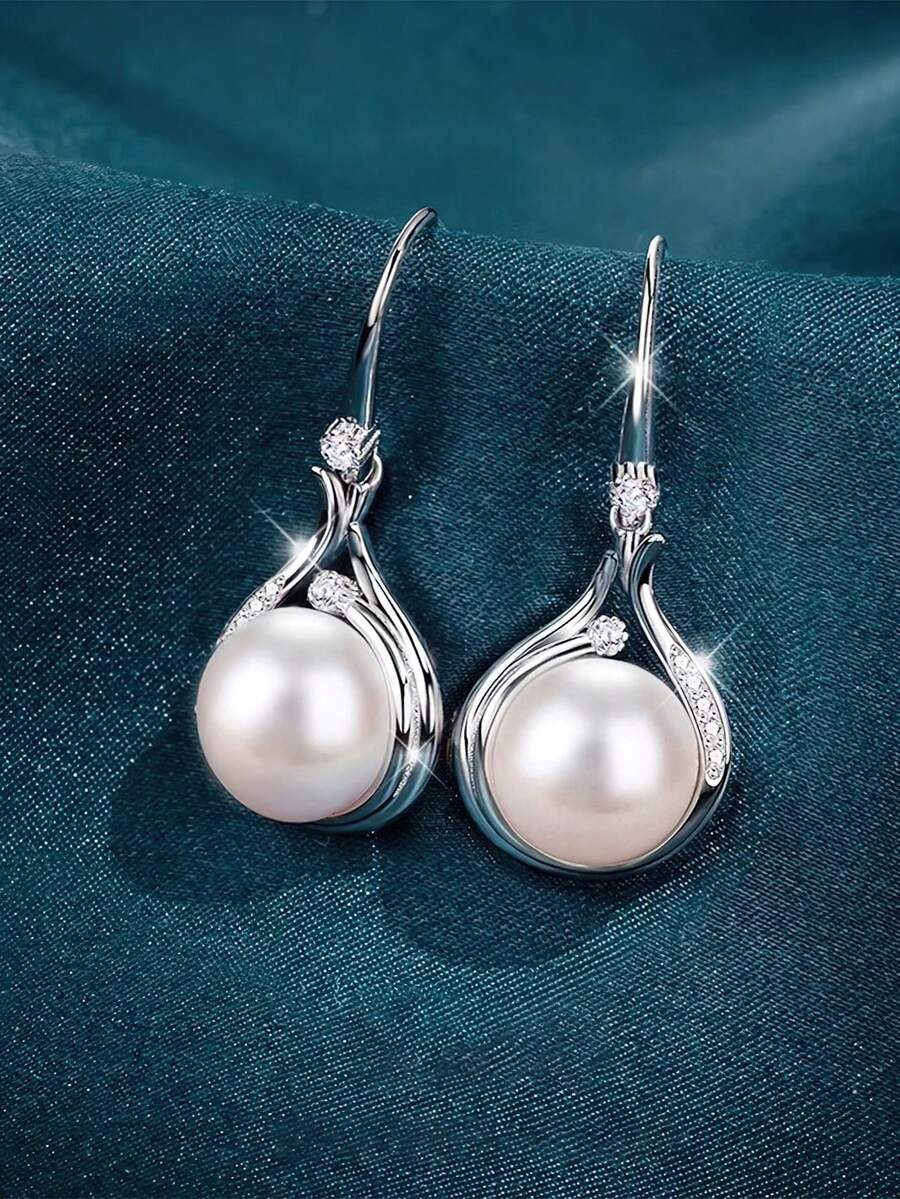 1对S925纯银优雅个性化百搭珍珠吊坠耳环，独特时尚耳环，女士礼物 - 珍珠 - 查看 1