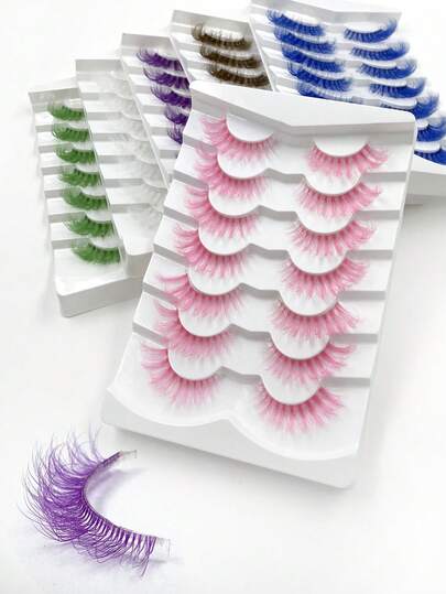 ENCHUW 7 pares de pestañas de colores para Halloween, pestañas postizas rusas con pestañas de color con efecto deshilachado de imitación de visón, pestañas postizas largas y esponjosas de color para festivales