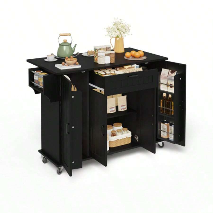 Kitchen Island With Fold-Down Worktop, Rolling Cart, 4-Door And 1-Drawer Kitchen Unit, Integrated Spice Racks In The , Double-Sided Towel Rail, White, 120 * 45 (70) * 9 - 黑色 - 查看 1
