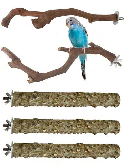5pcs Bird Perch Set, Parrot Perch Stand, 3pcs Grape Wood Perches, 2pcs Stands, Claw Grinder, Tiger Stripe Parrot Chew Stick, Training Branches, Suitable For Cockatiel, Small & Medium Birds