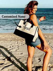 Personalized Canvas Beach Bag Tote Bag, Letter Print Tote Bag, Bridesmaid Gift Beach Bag, Customized Beach Bag, Women's Gift, Bride & Bridesmaid Customized Bag - Multicolor - View 3