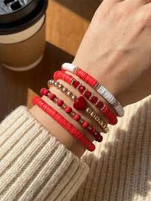 RIINHOO Bộ 5 vòng tay phong cách Bohemian màu đỏ, mặt dây chuyền hình trái tim bằng gốm mềm và hạt kim loại, thích hợp cho các buổi hẹn hò, đeo hàng ngày, tụ họp, tiệc tùng, ngày lễ, quà tặng Ngày Valentine. - Nhiều màu - Xem 3