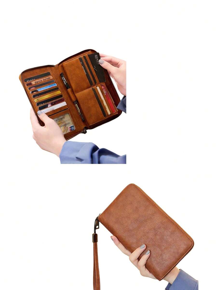 New Oiled Leather Long Zipper Large Capacity Clutch Bag, Casual & Fashionable - Brown - View 1