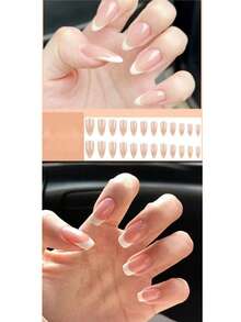 24pcs French Short Oval-Shaped False Nails And Designed White French Nail Tips False Nails With Lustrous Full-Coverage Nail Jelly Glue. Cute Artificial Nail Art For Women, Suitable For Daily Wear And Holiday Gatherings - 彩色 - 查看 12