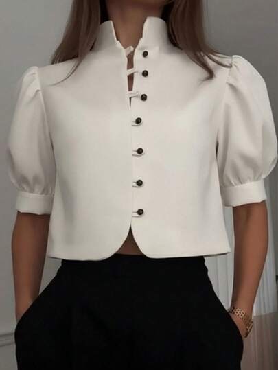 休闲优雅方领泡泡背心，布艺纽扣设计 - 女士春夏上衣，适合度假风/日常穿着/轻奢办公装，纯色款