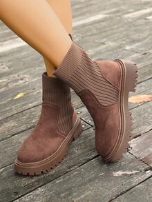 女士西部风格丝绒弹力短靴，圆头，平底，舒适，时尚 - 卡其色 - 查看 5